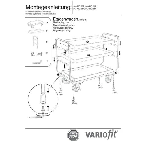 Etagenwagen mit 3 Tabletts 250 kg Traglast Typ XL + EasySTOP
