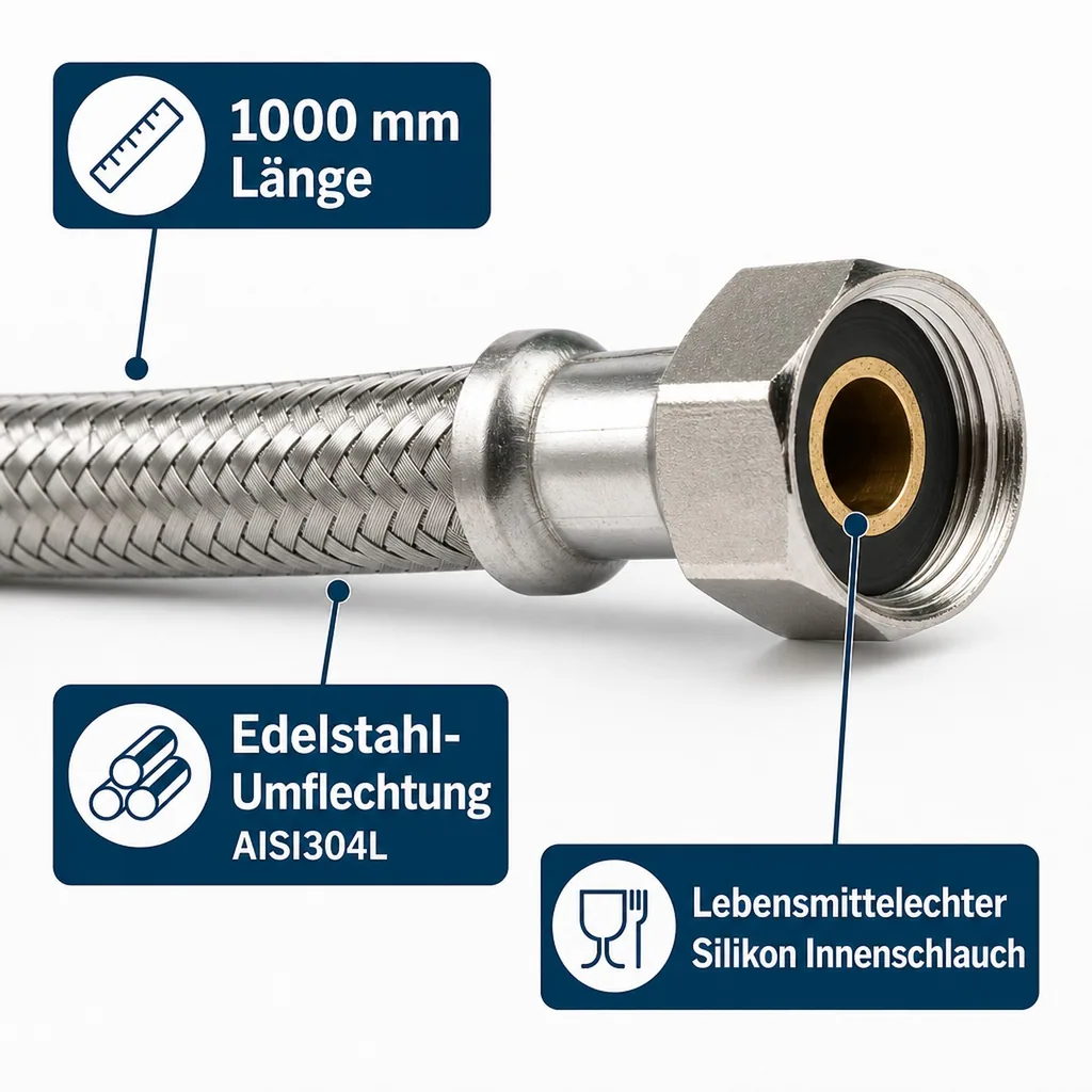Panzerschlauch 3/4 Zoll, Edelstahl, Flexibel, 1000 mm, Trinkwassergeeignet