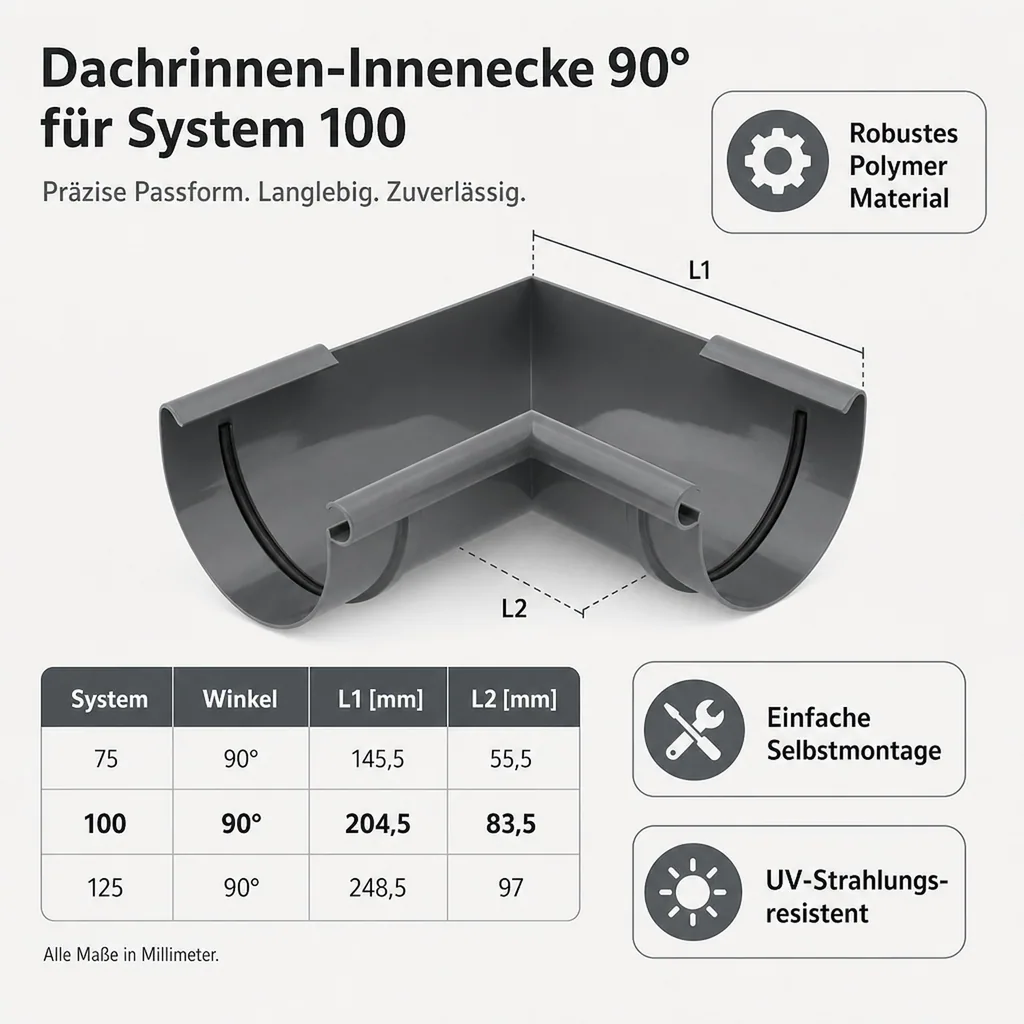 Regenrinne Ecke graphit, Eckstück Innen 90°, System 100
