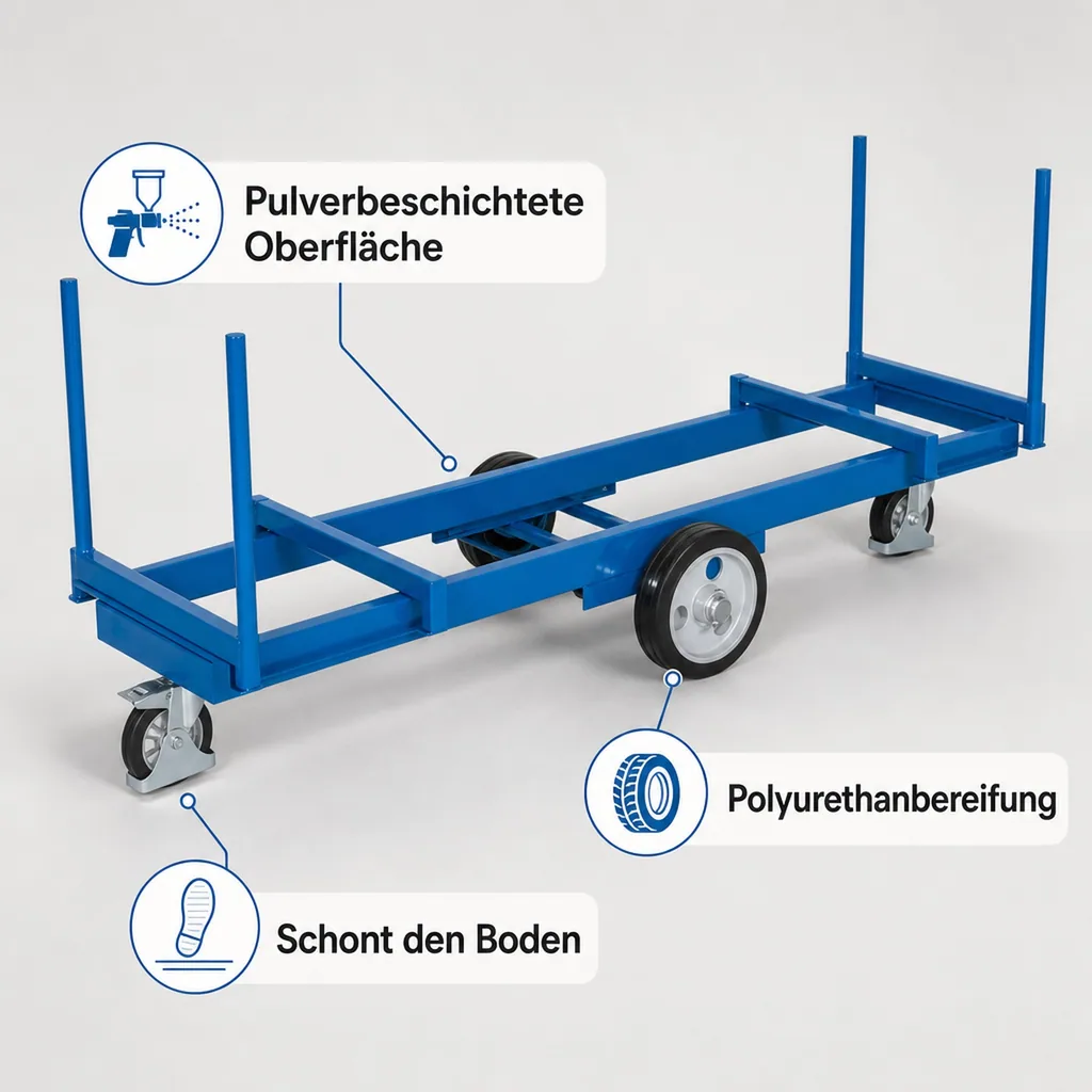 Langmaterialwagen, Materialwagen, 3000kg Traglast, mit 4 Rungen