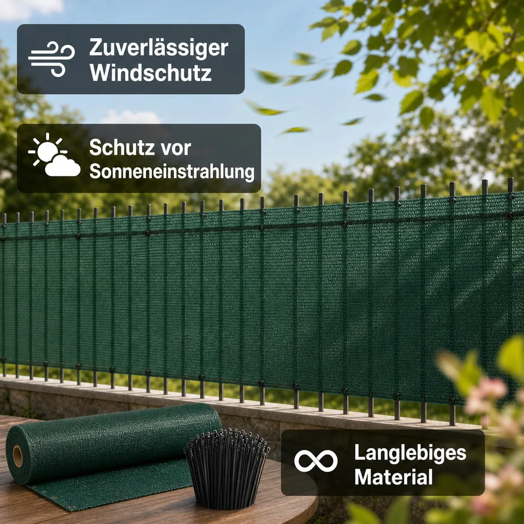 Sichtschutznetz, Windschutznetz, 1,2x10m, Gartenzaun, inkl. Kabelbinder & Befestigung