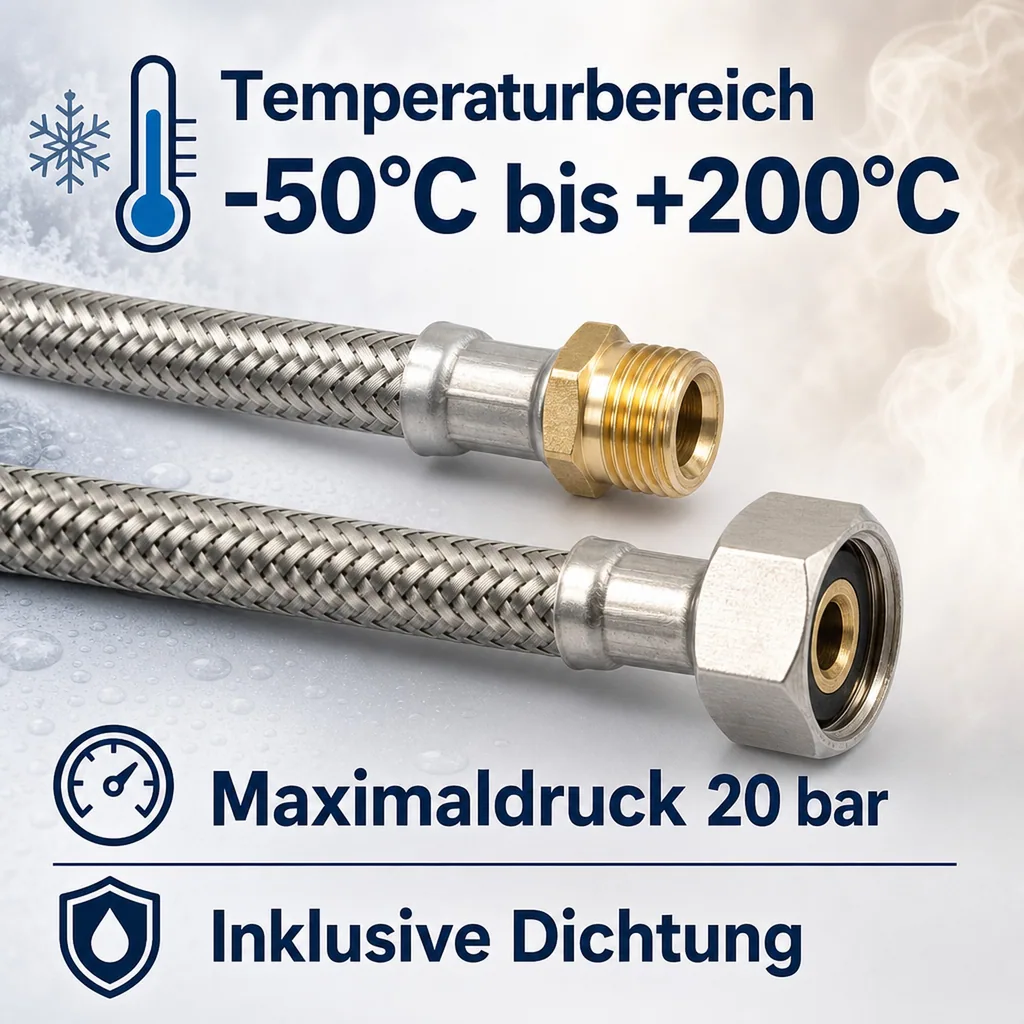 Panzerschlauch, Edelstahl, Flexschlauch, DN8, 3/8" AG x 1/2" ÜM, 2000mm