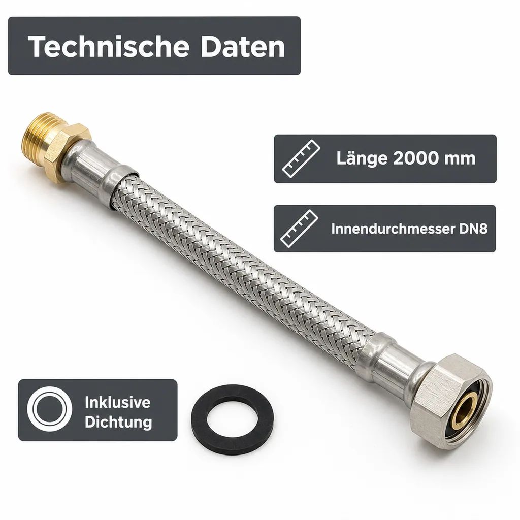 Panzerschlauch, Edelstahl, Flexschlauch, DN8, 3/8" AG x 1/2" ÜM, 2000mm