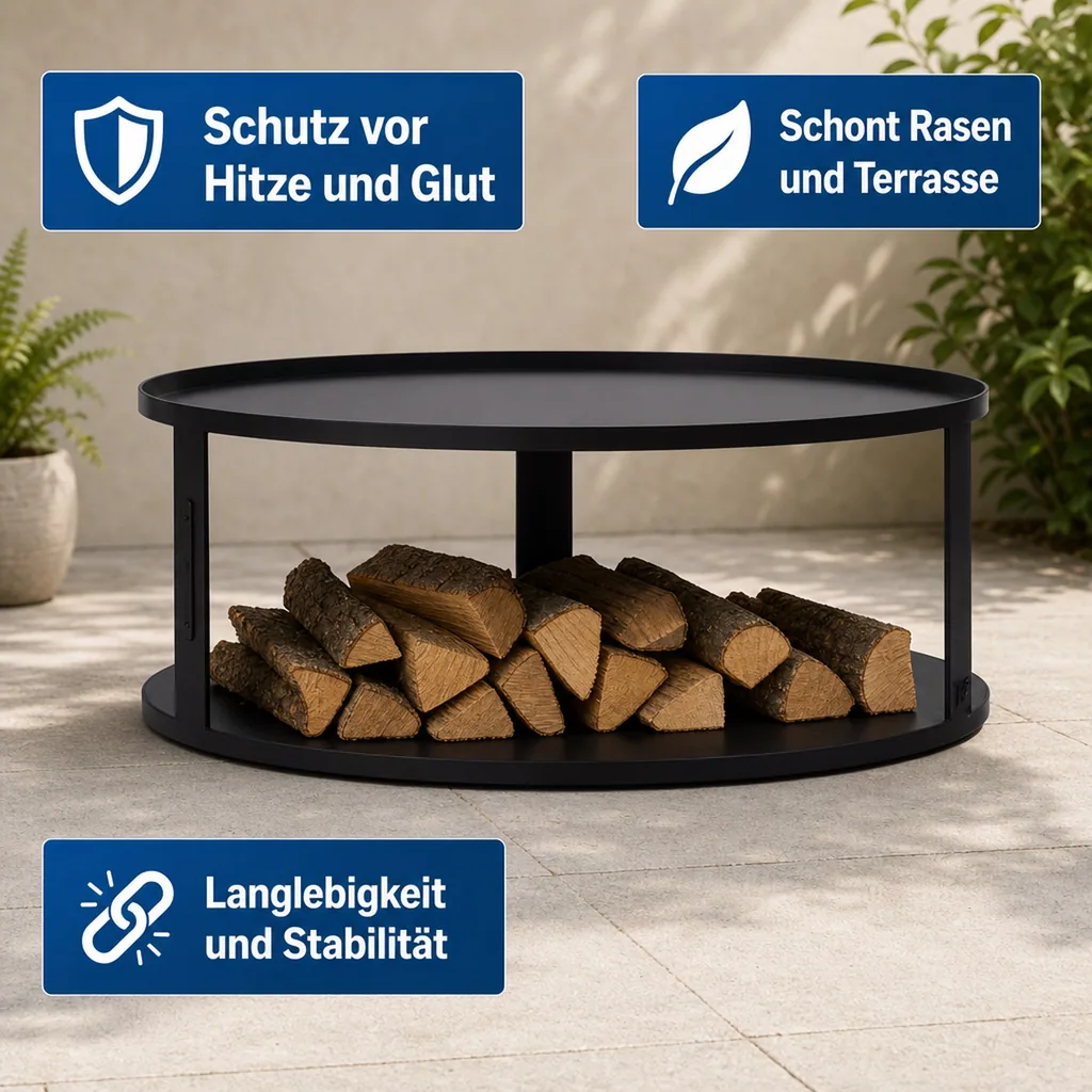Feuerstelle Unterlage, Bodenplatte Feuerschale, Feuerschalenbasis rund 62cm mit Holzfach