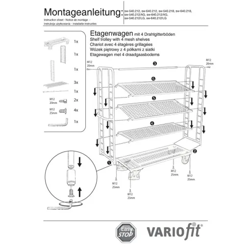 Etagenwagen mit 4 Drahtgitterböden pulverbeschichtet 400 kg Typ L + EasySTOP