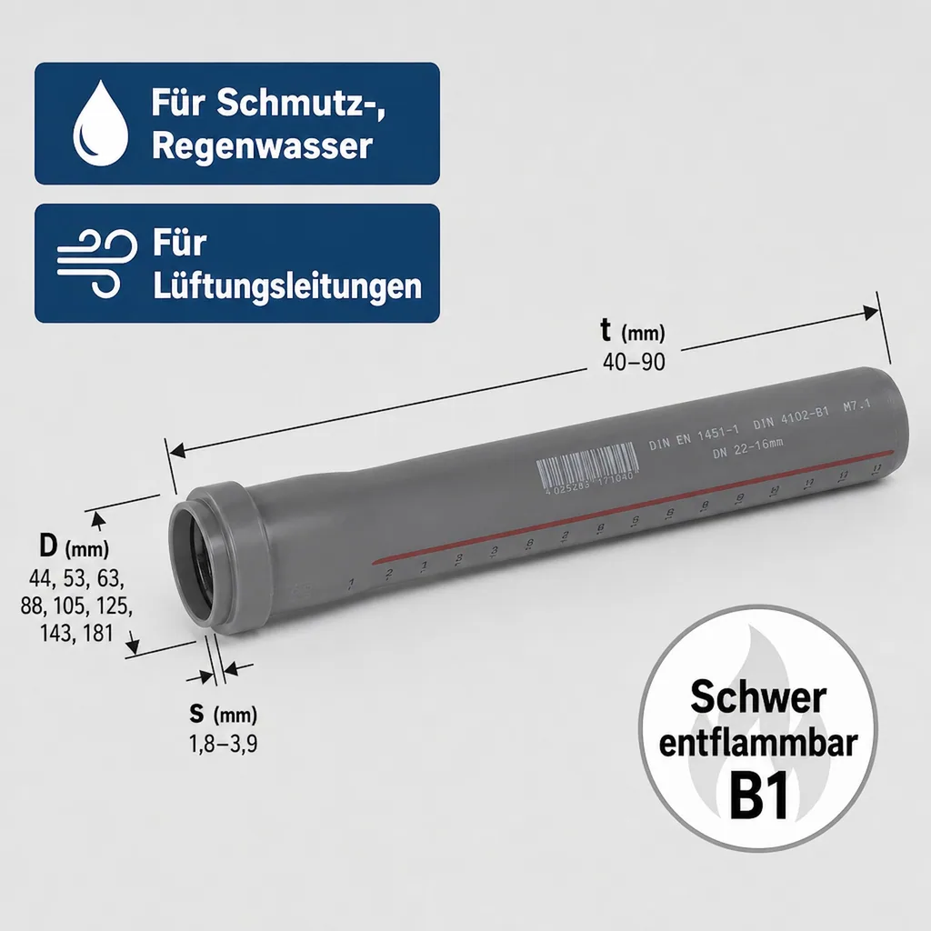 HT Rohr DN40, Abwasserrohr 40mm, HTsafeEM Rohr