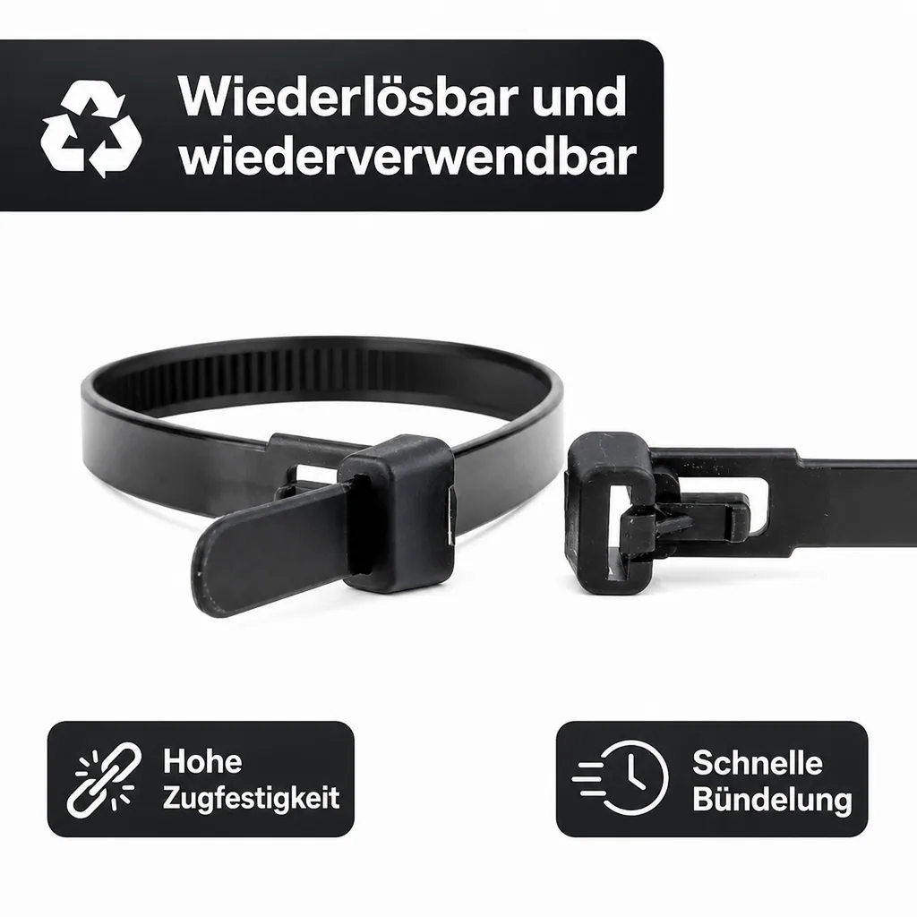100 Kabelbinder wiederlösbar 300 x 7,6mm schwarz