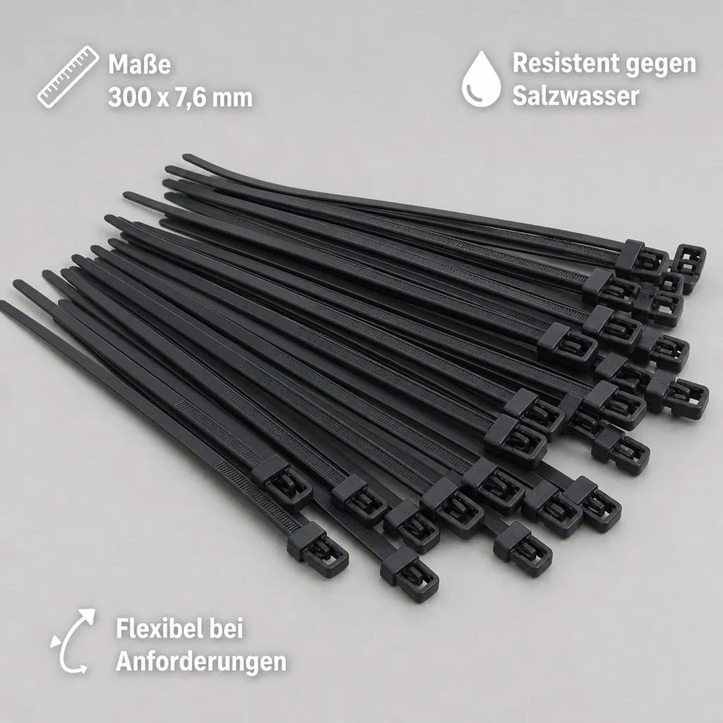 100 Kabelbinder wiederlösbar 300 x 7,6mm schwarz