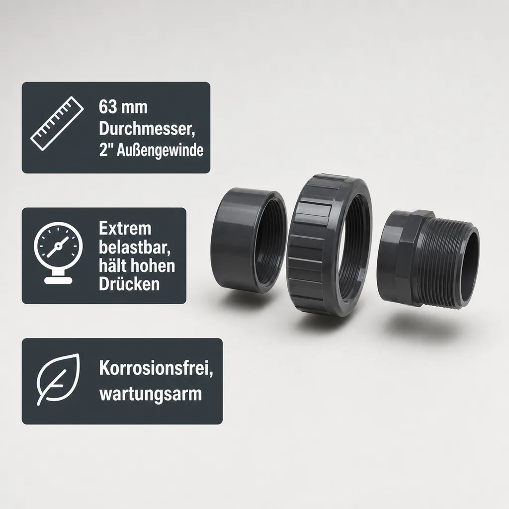 PVC Fittings, Klebemuffe, PVC-U Verschraubung 63mm x 2"