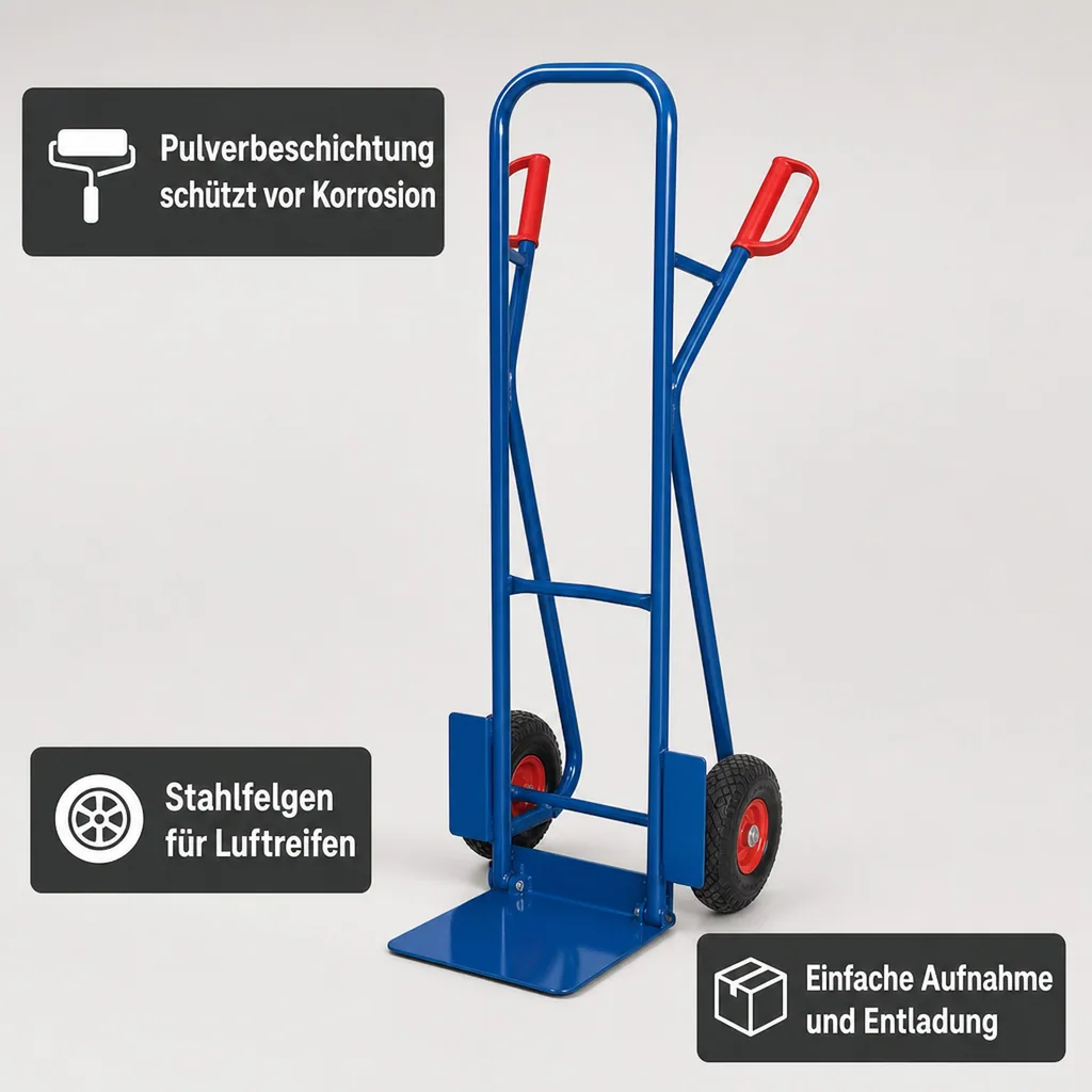 Stapelkarre 250 kg, Stahlrohrkarre mit Klappschaufel, Luftbereifung