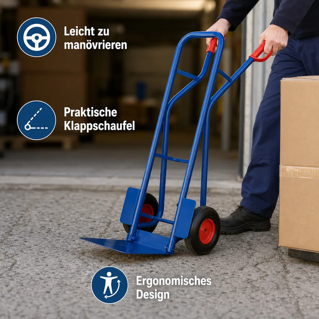 Stapelkarre 250 kg, Stahlrohrkarre mit Klappschaufel, Luftbereifung