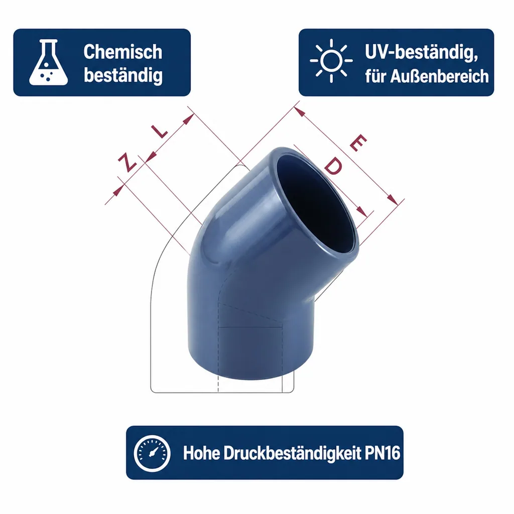 PVC Winkel 45 Grad Muffe 32 mm PN16, PVC Fitting