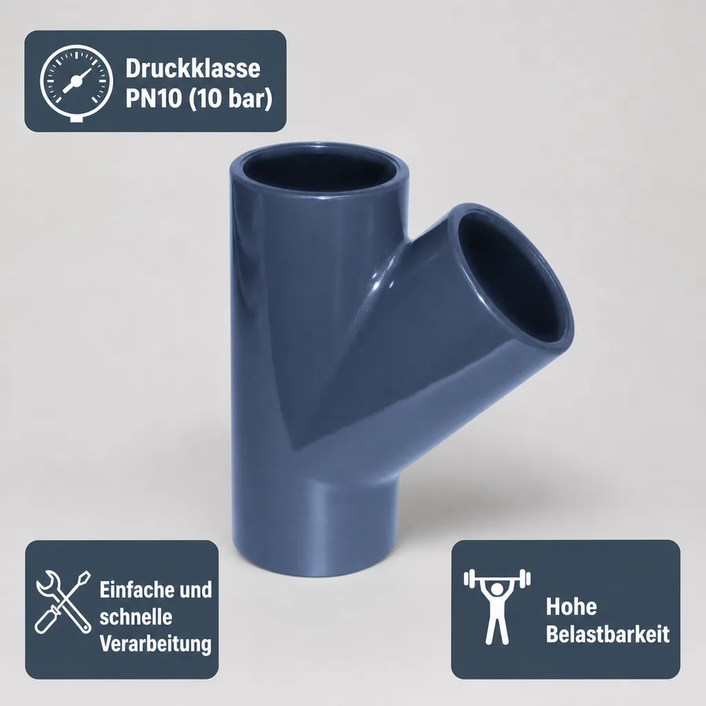 PVC Fittinge, 45° T-Stück Muffe 63 mm, PN10