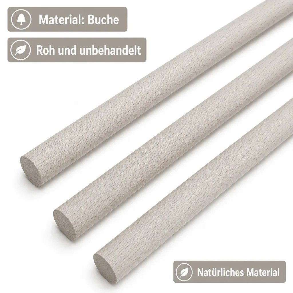 3er Set Rundstäbe Ø 12mm, Buche roh unbehandelt