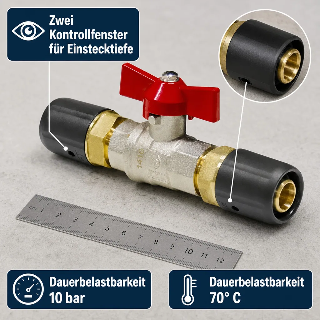 Steckfitting Kugelhahn für Heizung (kein DVGW) 20 x 2 auf 20 x 2 rot