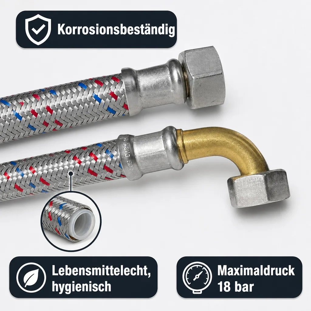 Panzerschlauch 1/2 Zoll, Edelstahl, Flexibel, DN13, DVGW
