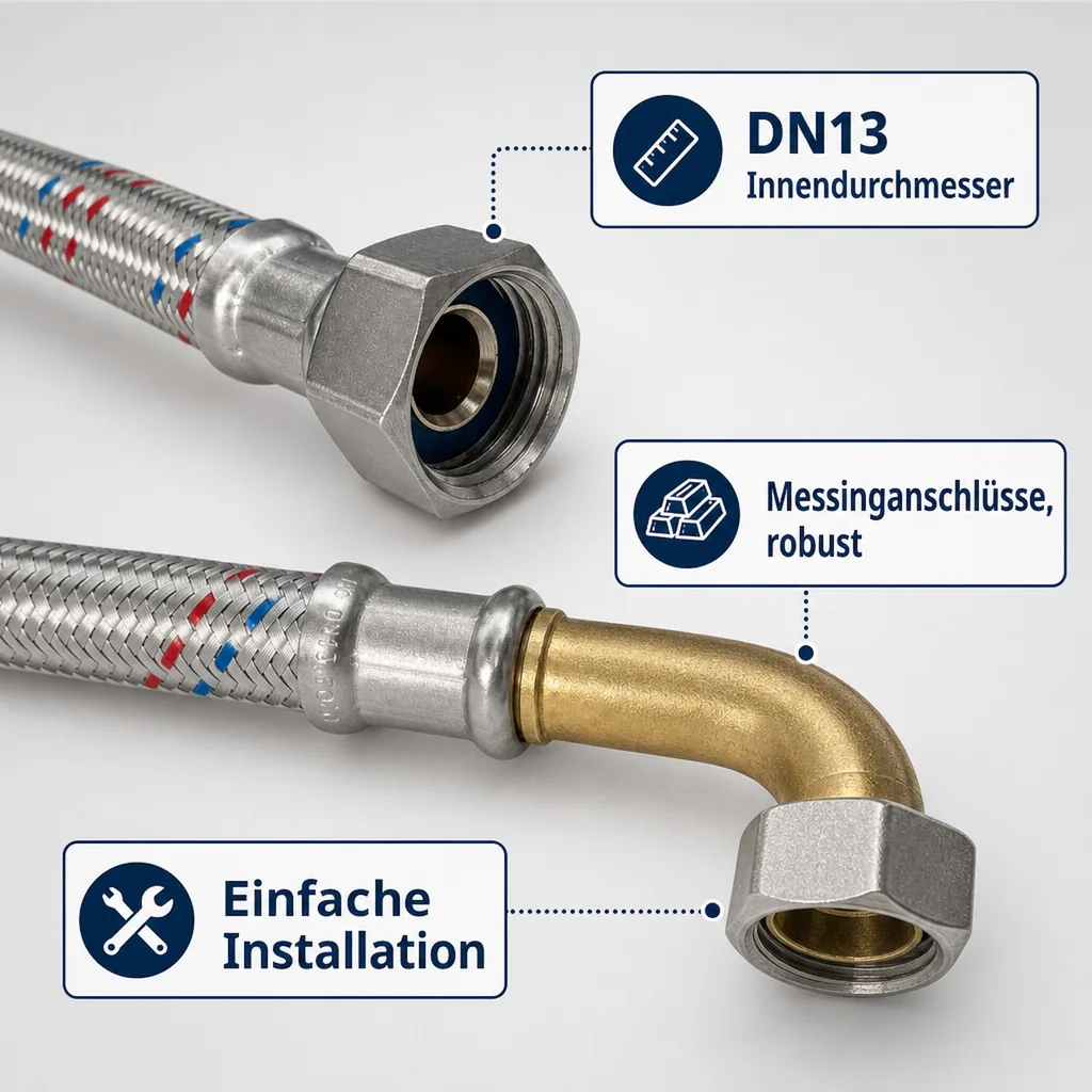 Panzerschlauch 1/2 Zoll, Edelstahl, Flexibel, DN13, DVGW