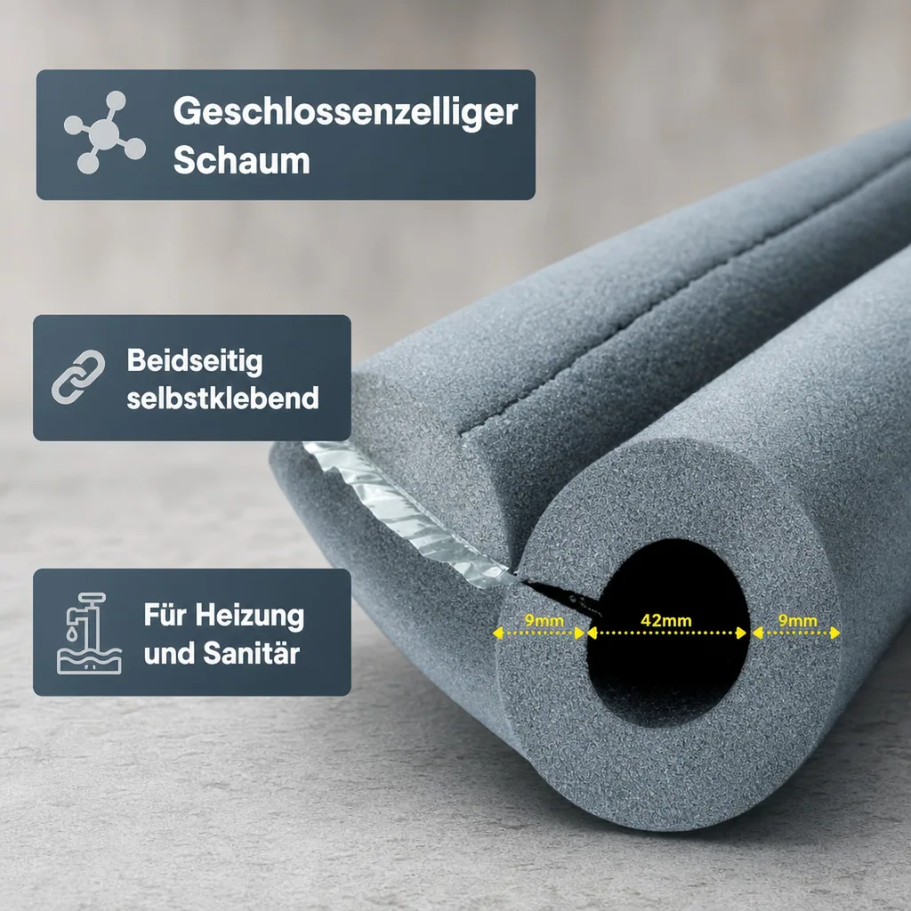 Rohrisolation, 1m Isolationsschlauch, Ø 42 mm x 9 mm, Self Adhesive Rohrisolation Wrap