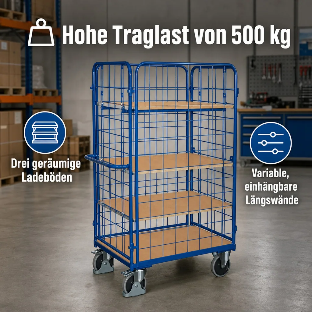 Vierwandwagen hoch mit 3 Böden, EasySTOP, 500 kg Traglast