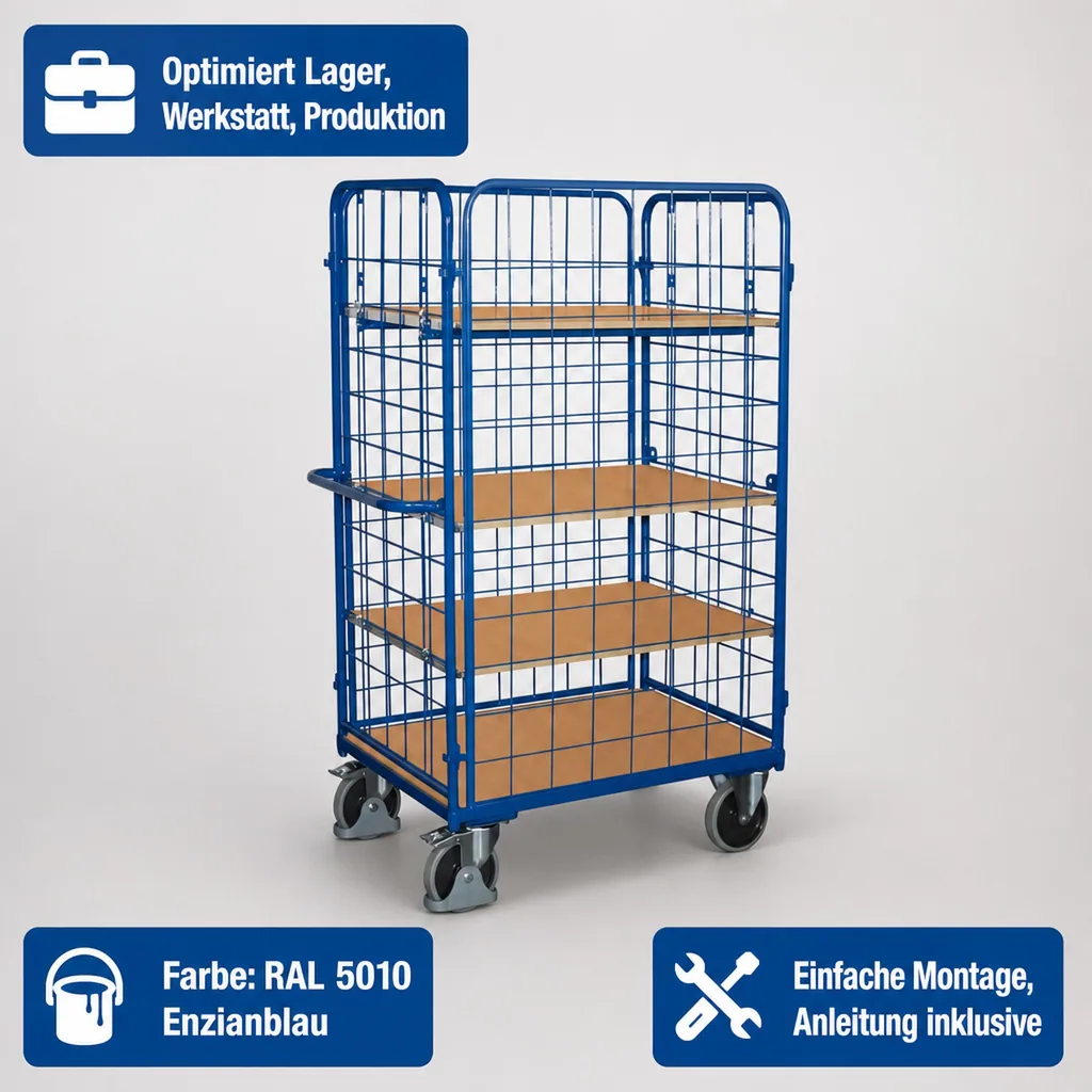 Vierwandwagen hoch mit 3 Böden, EasySTOP, 500 kg Traglast