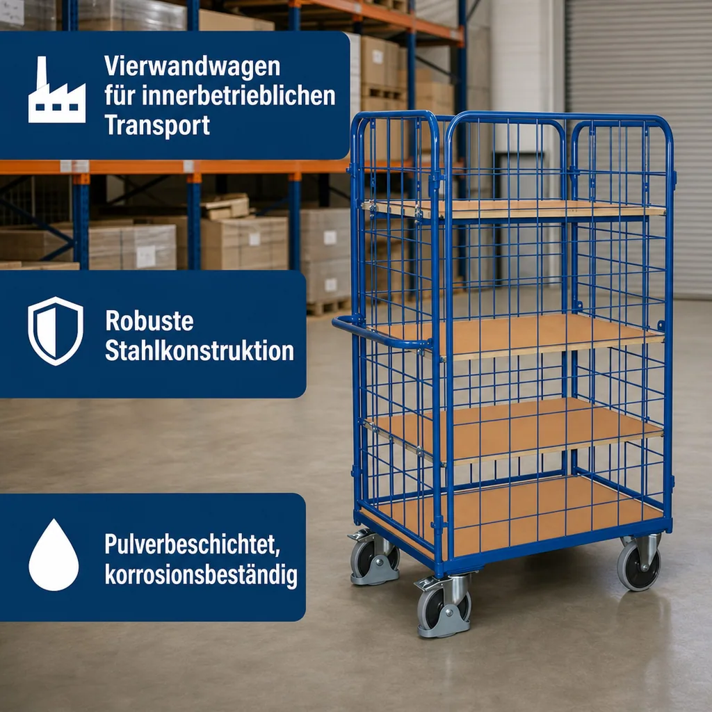 Vierwandwagen hoch mit 3 Böden, EasySTOP, 500 kg Traglast