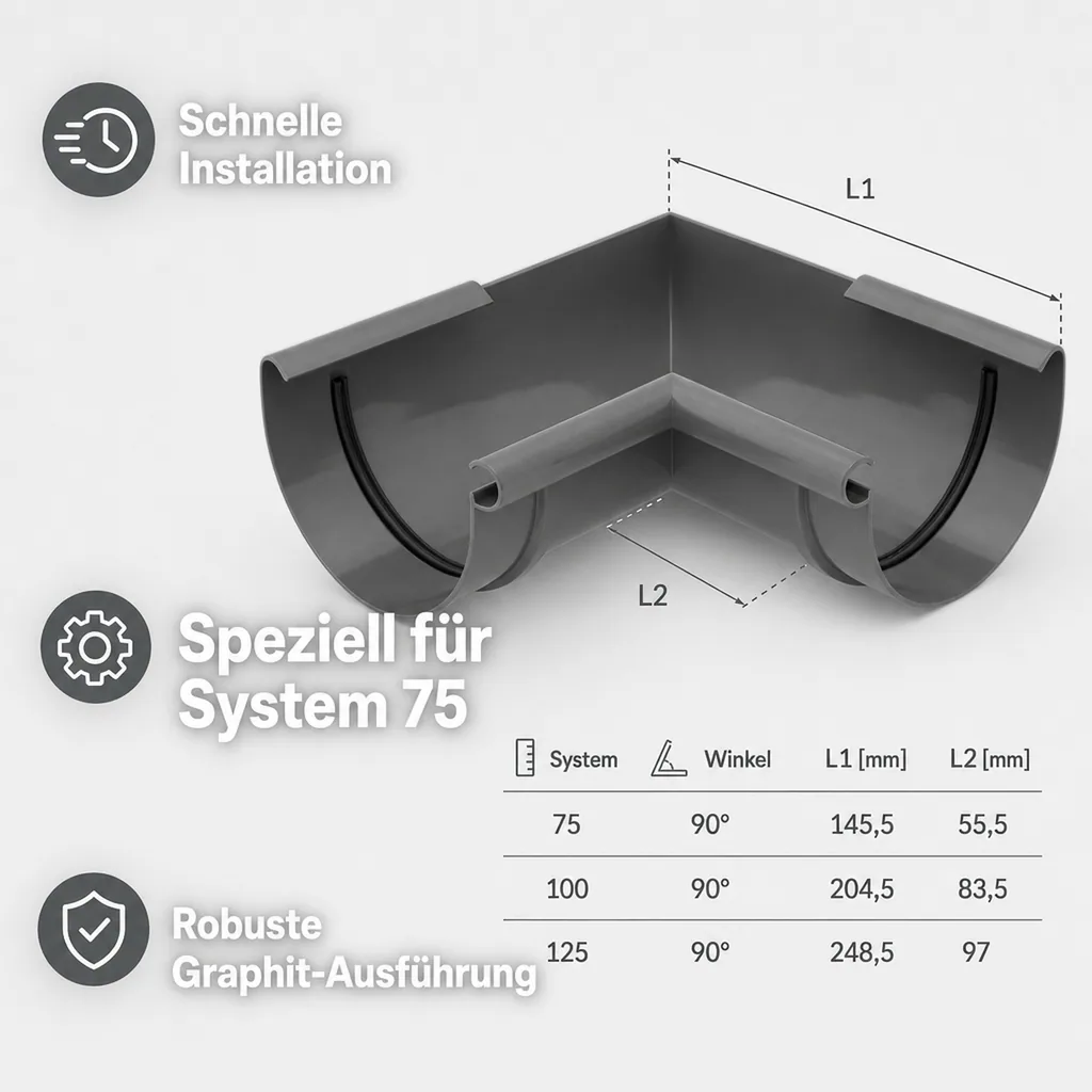Regenrinne Eckstück Innen 90° Graphit, System 75