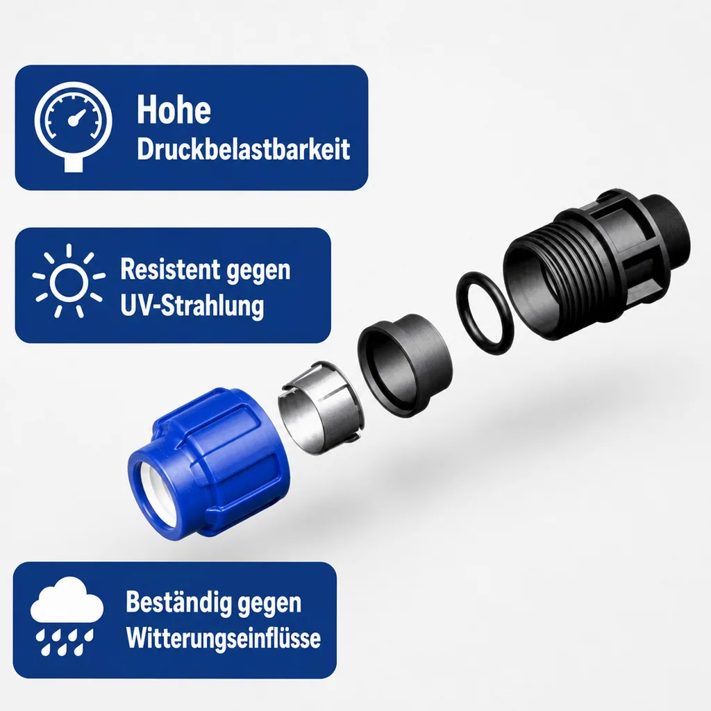 PE Rohr Verschraubung, Reduzierverschraubung 32 x 20, PP Klemmverschraubung, Rohrverbinder PE