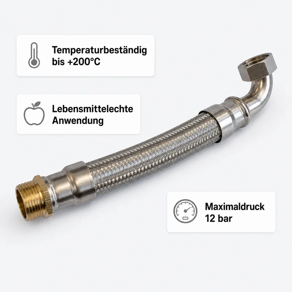 Panzerschlauch DN25, Flexschlauch 1 Zoll, DVGW, Edelstahlumflechtung, 800mm