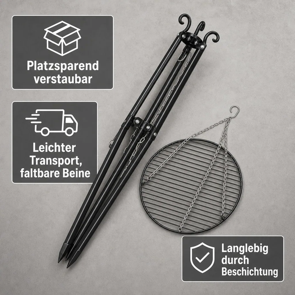 Schwenkgrill, Dreibein Grill, Grillrost 60 cm, Gartengrill