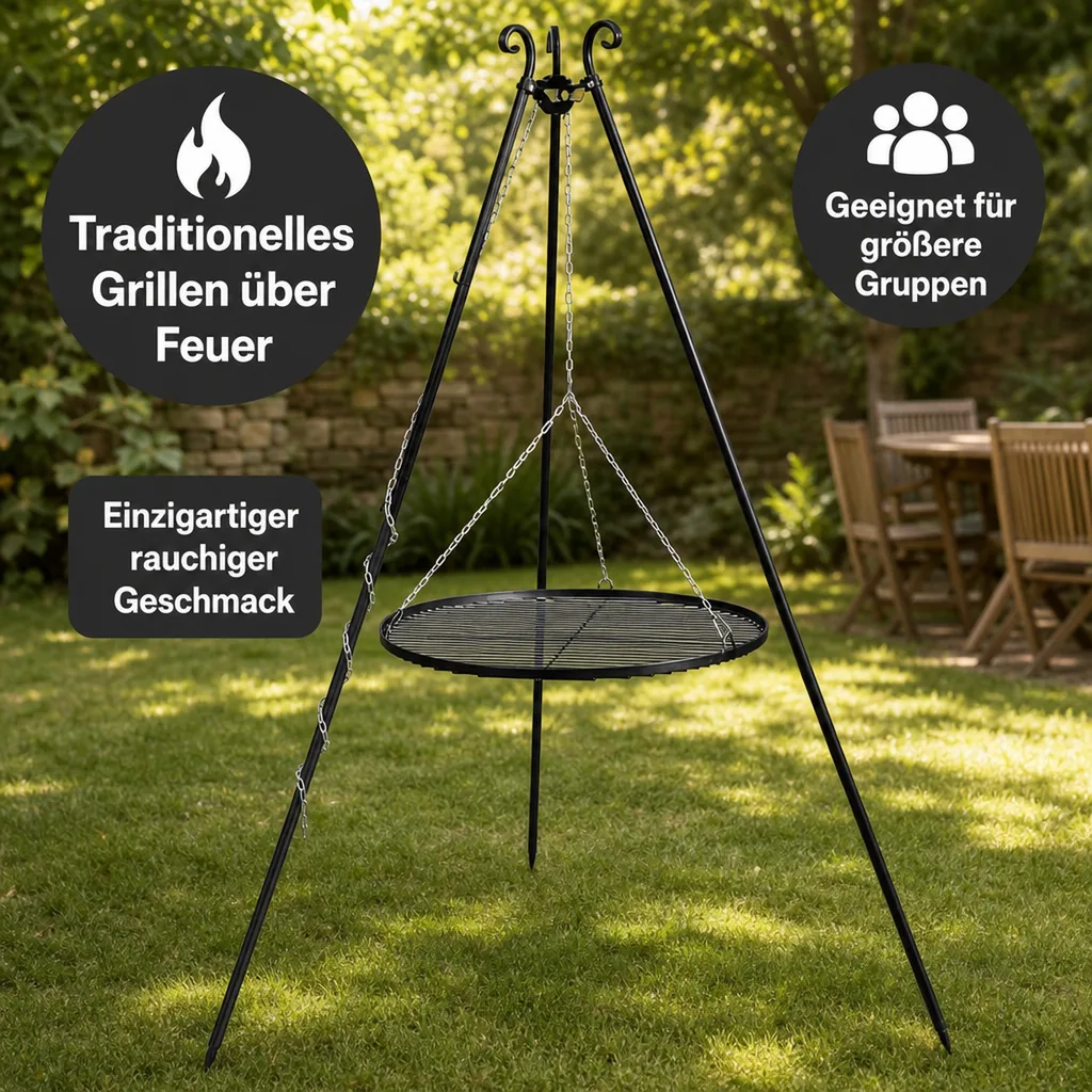 Schwenkgrill, Dreibein Grill, Grillrost 60 cm, Gartengrill