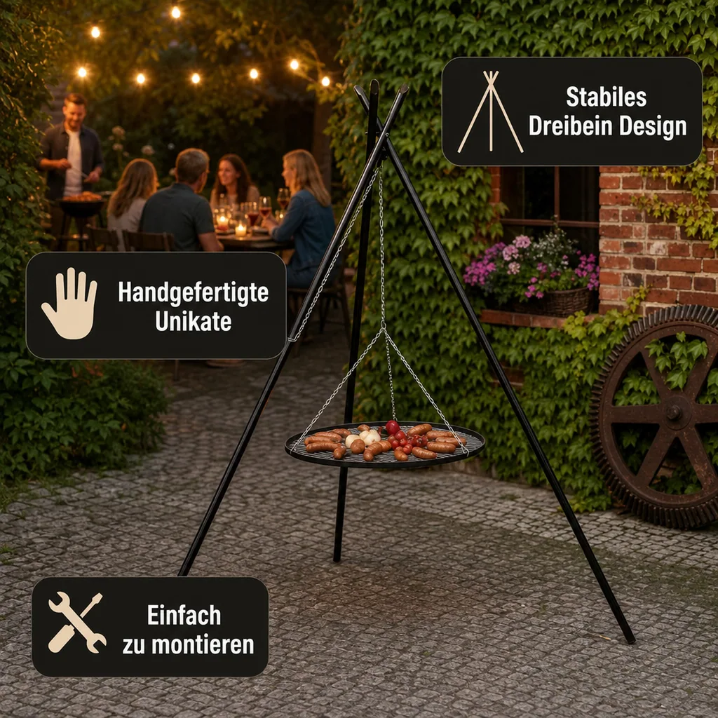 Schwenkgrill, Dreibein Grill, Gartengrill mit Grillrost