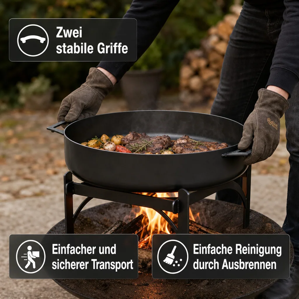 Pfanne 50 cm, Grillpfanne Stahl, Feuerstelle Pfanne mit 2 Griffen