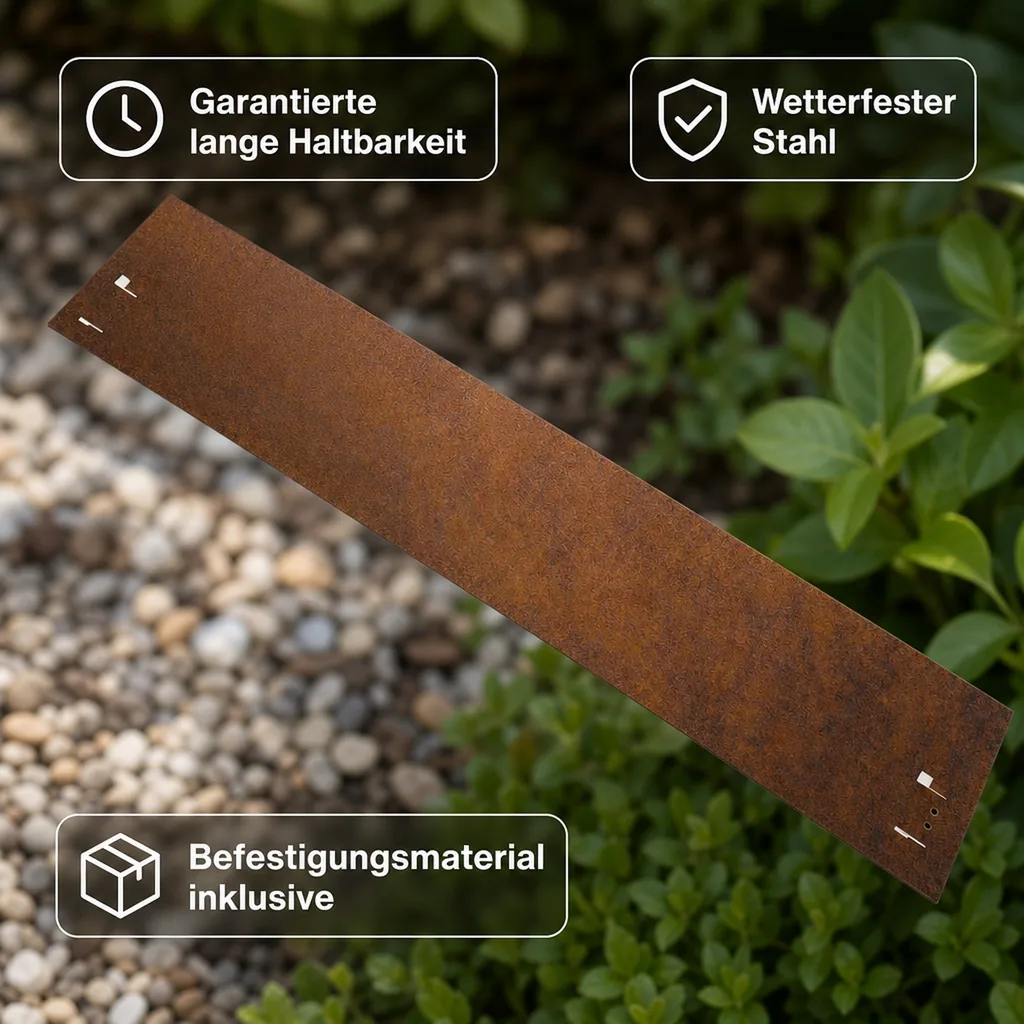 Rasenkante Cortenstahl 70 cm lang, 13,5 - 18,5 cm hoch, Beeteinfassung, Beetumrandung - Metall feuerverzinkt, Breite: 18.5 cm
