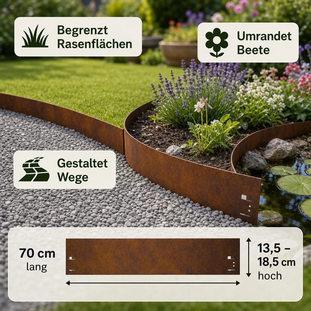 Rasenkante Cortenstahl 70 cm lang, 13,5 - 18,5 cm hoch, Beeteinfassung, Beetumrandung - Metall feuerverzinkt, Breite: 18.5 cm