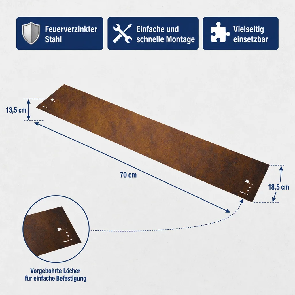 Rasenkante Cortenstahl 70 cm lang, 13,5 - 18,5 cm hoch, Beeteinfassung, Beetumrandung - Metall feuerverzinkt, Breite: 18.5 cm