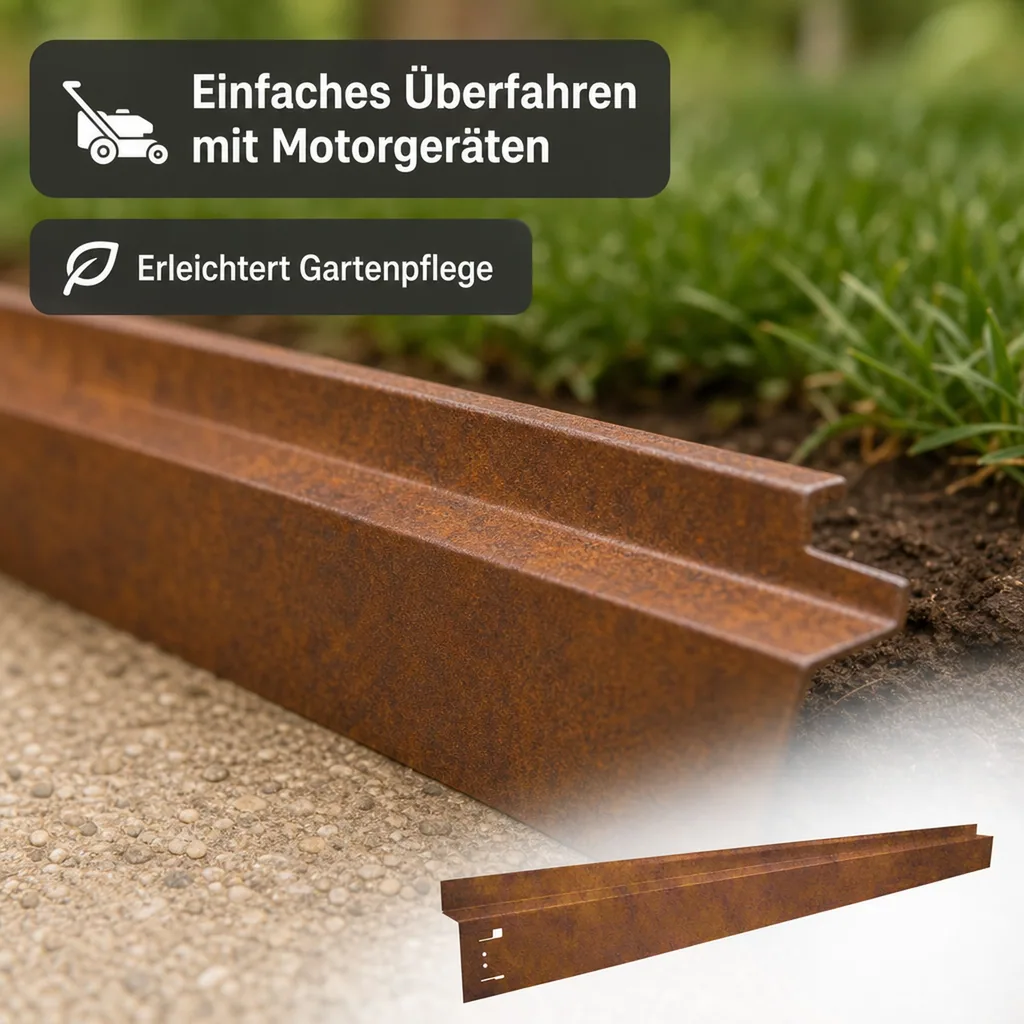 Rasenkante mit Radlauf Cortenstahl, Mahkante, Rasenmähkante - Abschlussstück, 1130 x 40 x 0,9 mm