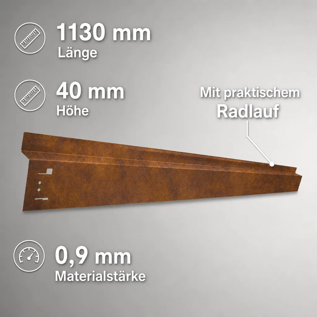 Rasenkante mit Radlauf Cortenstahl, Mahkante, Rasenmähkante - Abschlussstück, 1130 x 40 x 0,9 mm