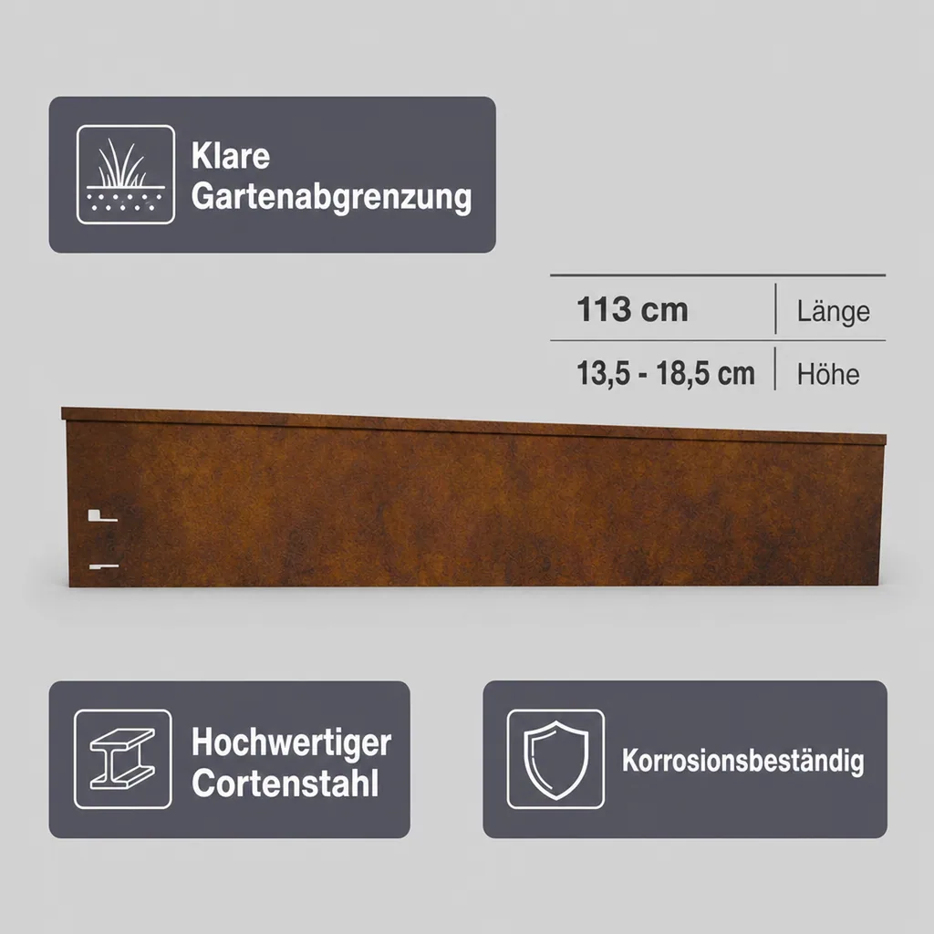 Rasenkante Cortenstahl 113 cm lang, 13,5 - 18,5 cm hoch, Mahkante, Rasenmähkante - Abschlussstück, Breite: 13.5 cm