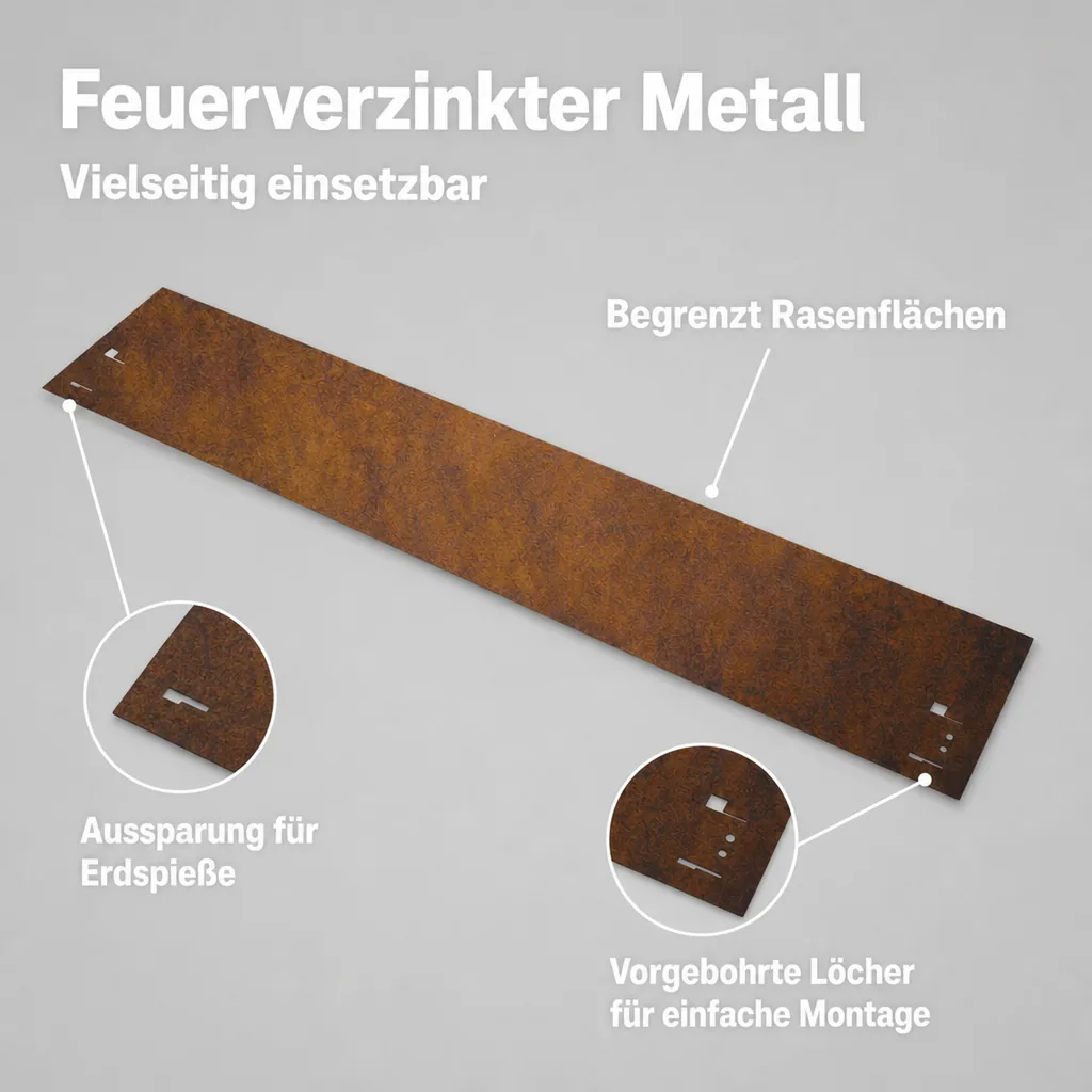 Rasenkante Cortenstahl 70 cm lang, 13,5 - 18,5 cm hoch, Beeteinfassung, Beetumrandung - Metall feuerverzinkt, Breite: 13.5 cm