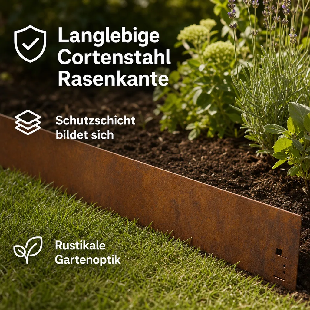 Rasenkante Cortenstahl 70 cm lang, 13,5 - 18,5 cm hoch, Beeteinfassung, Beetumrandung - Metall feuerverzinkt, Breite: 13.5 cm
