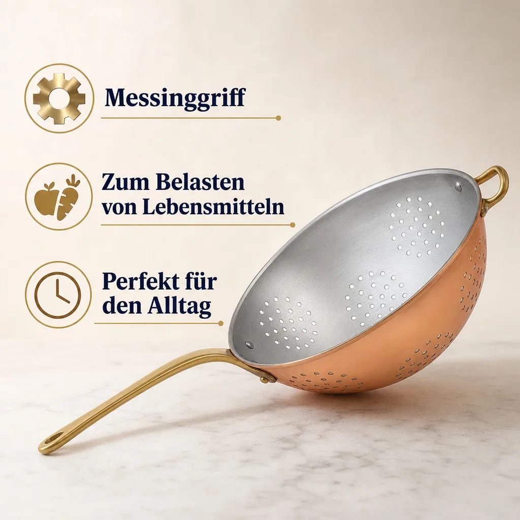 Sieb, Kupfersieb - mit verzinnter Innenseite enthält einen Messinggriff, Durchmesser: 24 cm