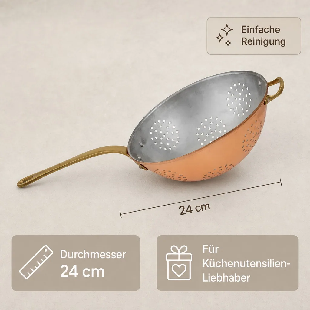 Sieb, Kupfersieb - mit verzinnter Innenseite enthält einen Messinggriff, Durchmesser: 24 cm