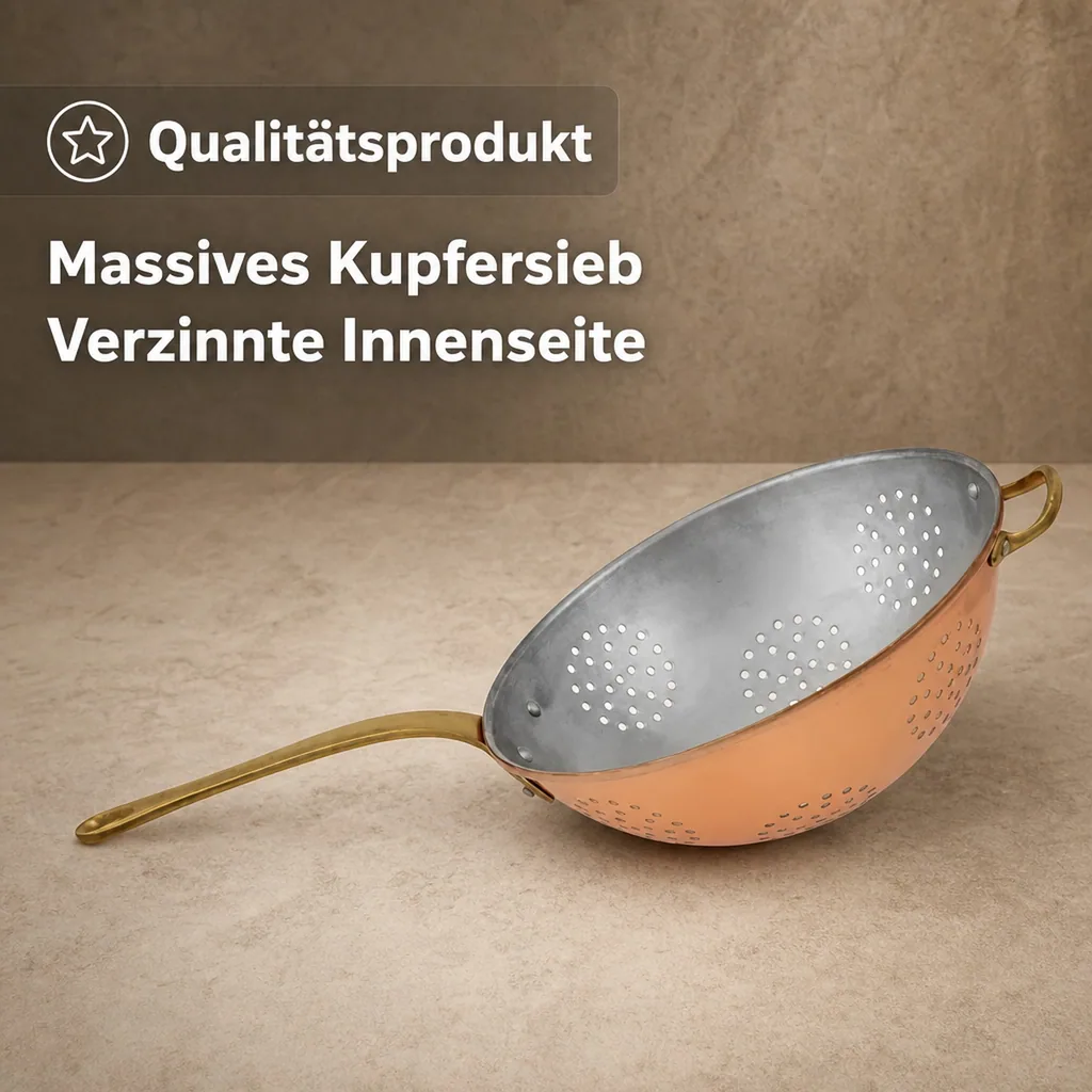 Sieb, Kupfersieb - mit verzinnter Innenseite enthält einen Messinggriff, Durchmesser: 24 cm