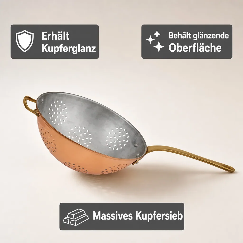 Sieb, Kupfersieb - mit verzinnter Innenseite enthält einen Messinggriff, Durchmesser: 17 cm