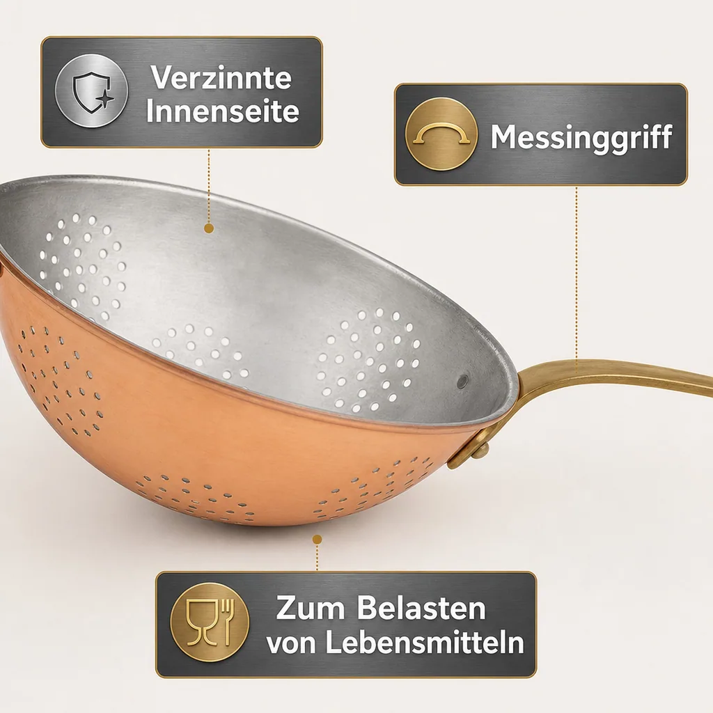 Sieb, Kupfersieb - mit verzinnter Innenseite enthält einen Messinggriff, Durchmesser: 17 cm