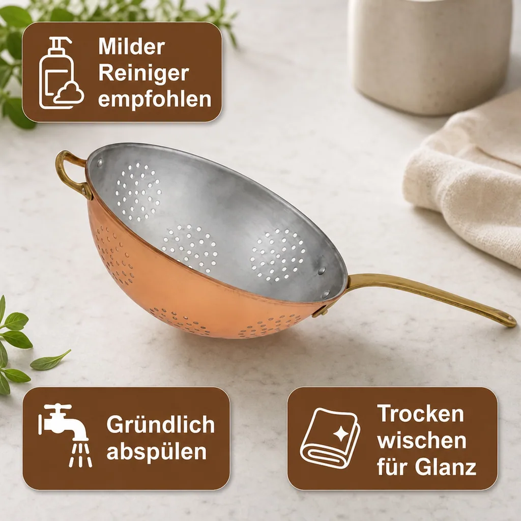 Sieb, Kupfersieb - mit verzinnter Innenseite enthält einen Messinggriff, Durchmesser: 17 cm