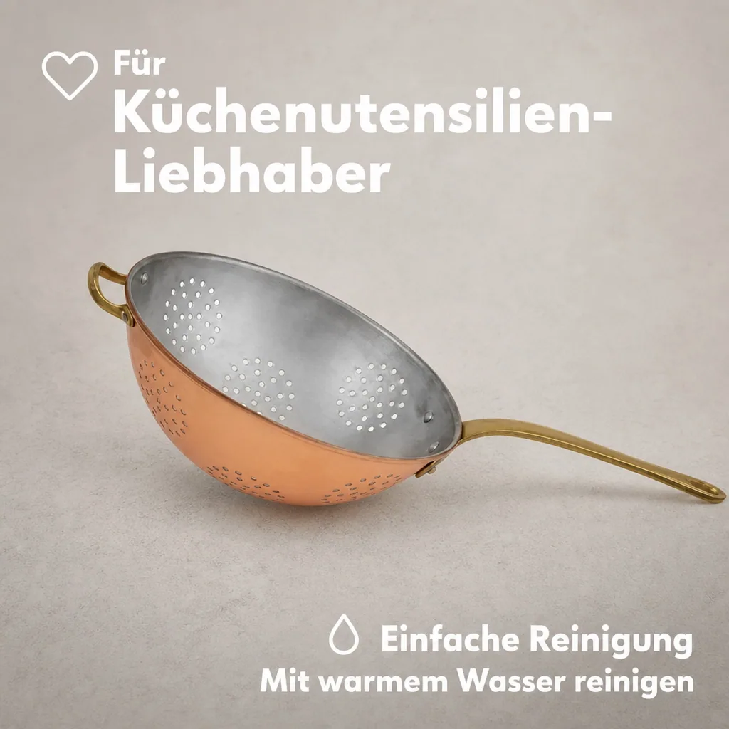 Sieb, Kupfersieb - mit verzinnter Innenseite enthält einen Messinggriff, Durchmesser: 17 cm