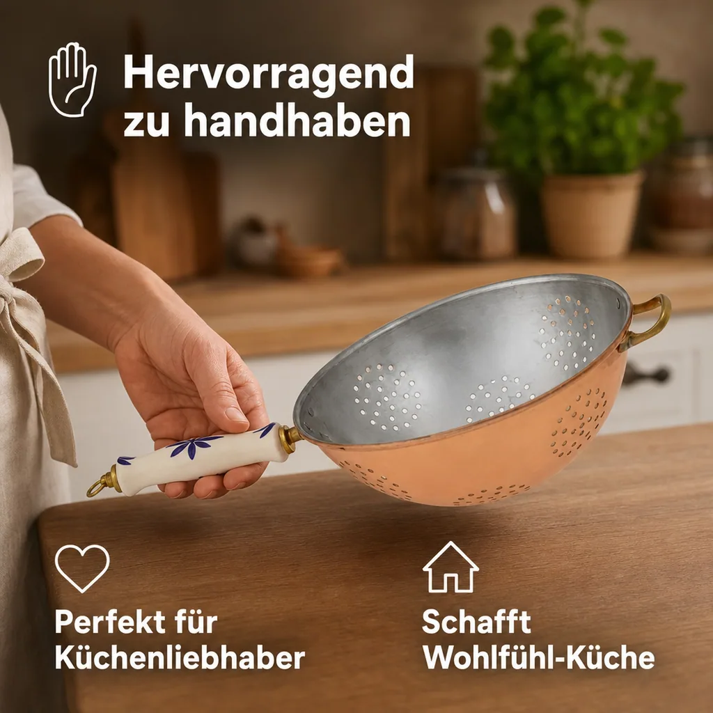 Sieb, Kupfersieb - mit verzinnter Innenseite enthält einen Porzellangriff, Durchmesser: 17 cm