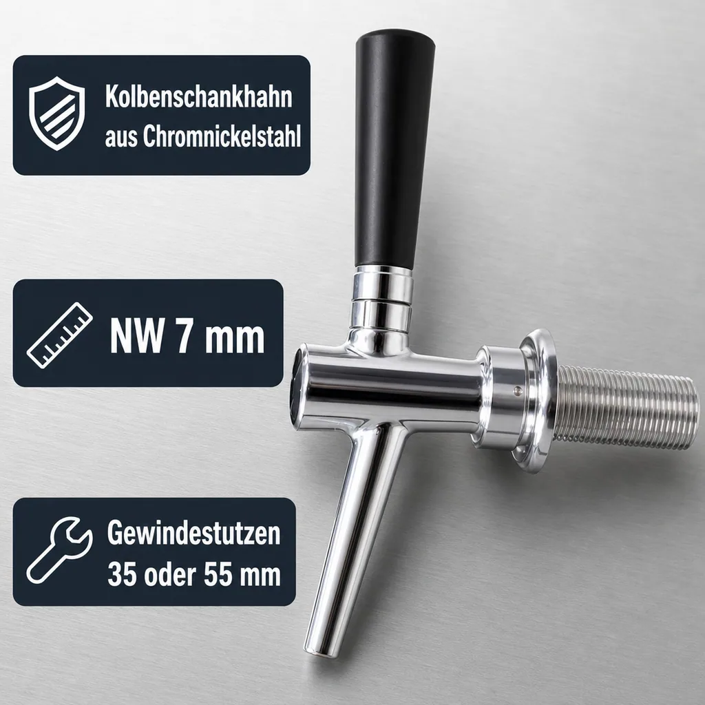 Zapfhahn, Bierzapfhahn, Schankhahn, Kolbenschankhahn aus Chromnickelstahl, Modell - C-TAP, NW 7mm, Poliert, Gewindelänge: 55 mm