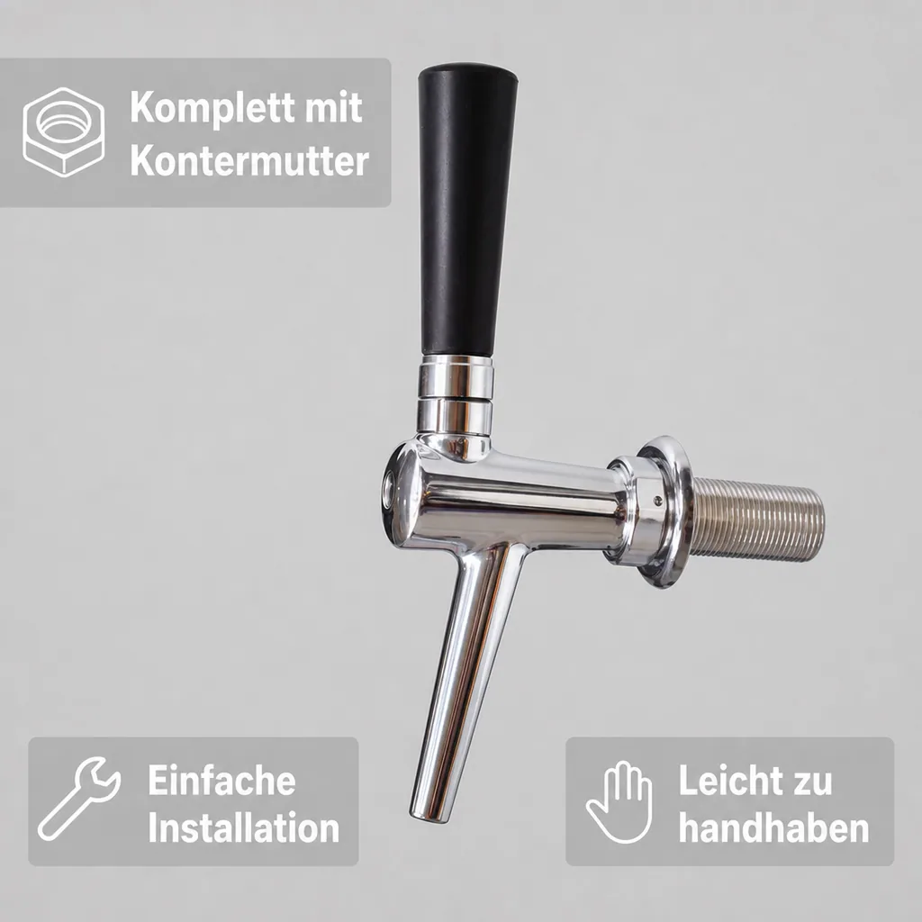 Zapfhahn, Bierzapfhahn, Schankhahn, Kolbenschankhahn aus Chromnickelstahl, Modell - C-TAP, NW 7mm, Poliert, Gewindelänge: 55 mm